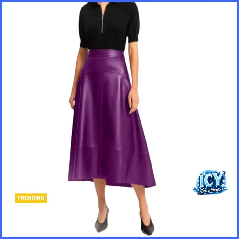 Genuine Leather A-Line Midi Skirt High Waist Patchwork Detail Women's